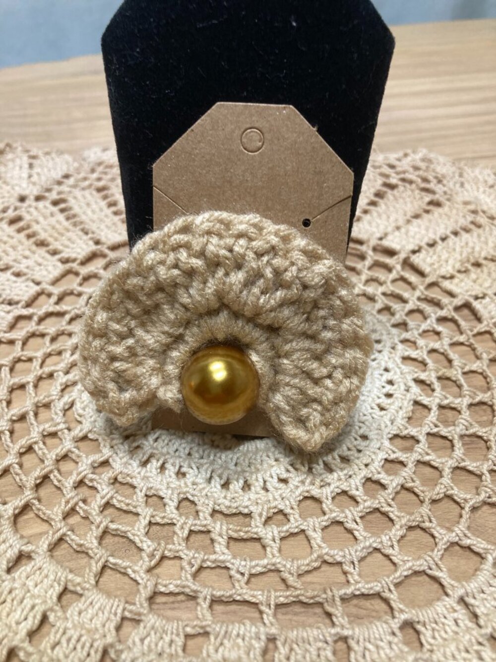 Handmade Crochet Fan Brooch Golden Pearl Center Neutral Shell Pin Boho